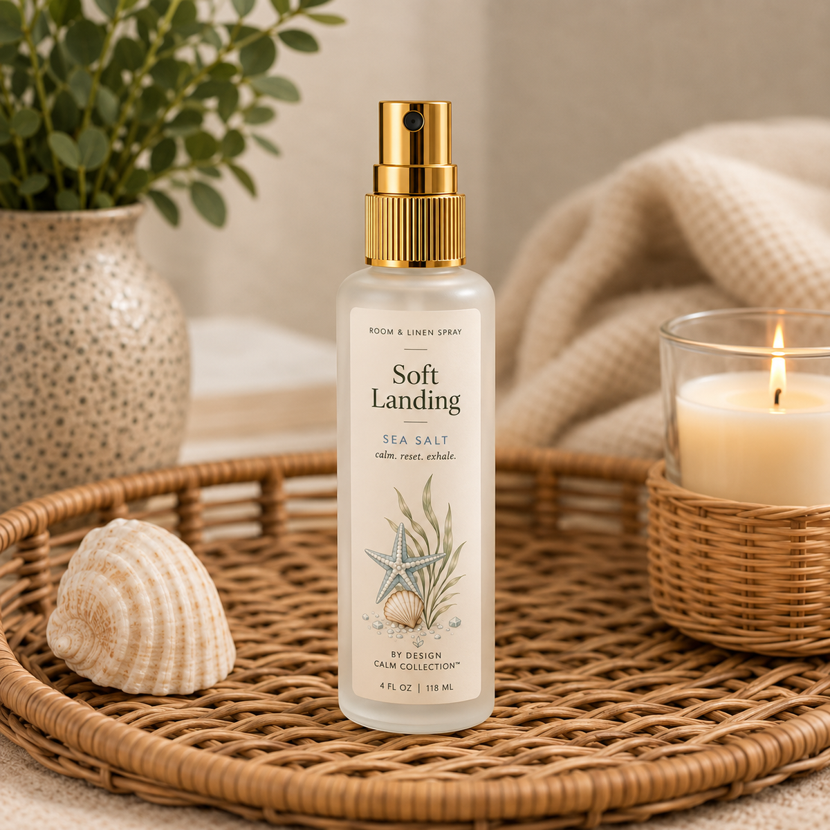 Sea Salt Room & Linen Spray displayed on tray in a calming home setting