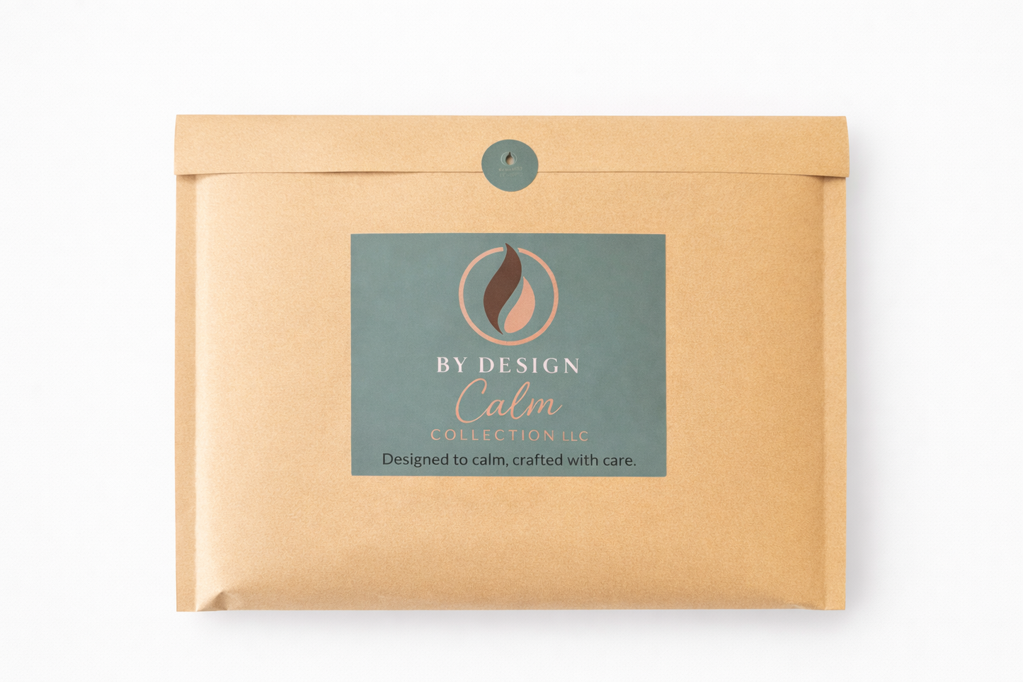 Kraft paper envelope with a 'By Design Calm Collection' label on a white background