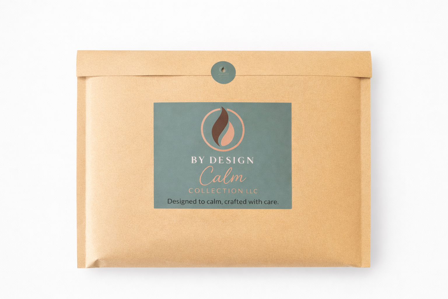 Kraft paper envelope with a 'By Design Calm Collection' label on a white background