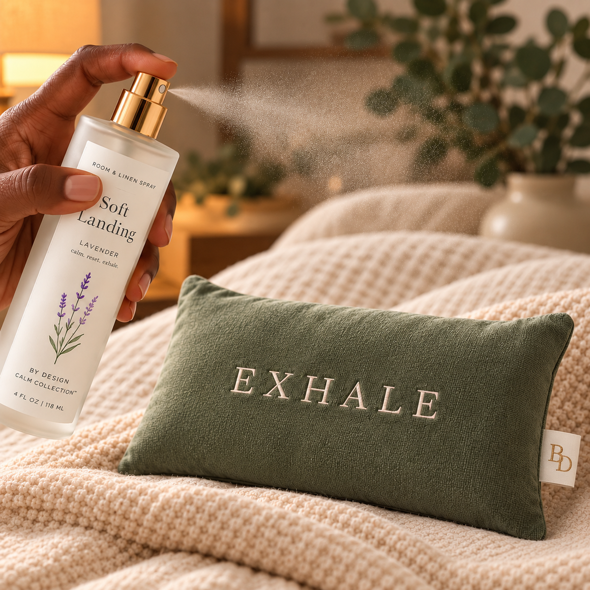 Soft Landing Lavender Room & Linen Spray being misted above the sage EXHALE Weighted Eye Pillow on neutral bedding.