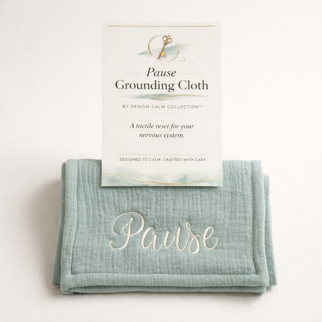 Folded light blue grounding cloth with 'Pause' text and packaging on a white background