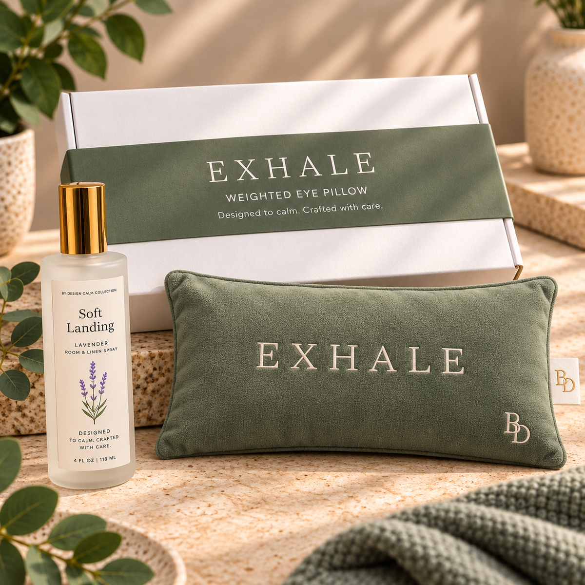 Soft Landing Bundle featuring Lavender Room & Linen Spray and sage EXHALE Weighted Eye Pillow with branded packaging.