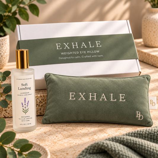 Soft Landing Bundle featuring Lavender Room & Linen Spray and sage EXHALE Weighted Eye Pillow with branded packaging.