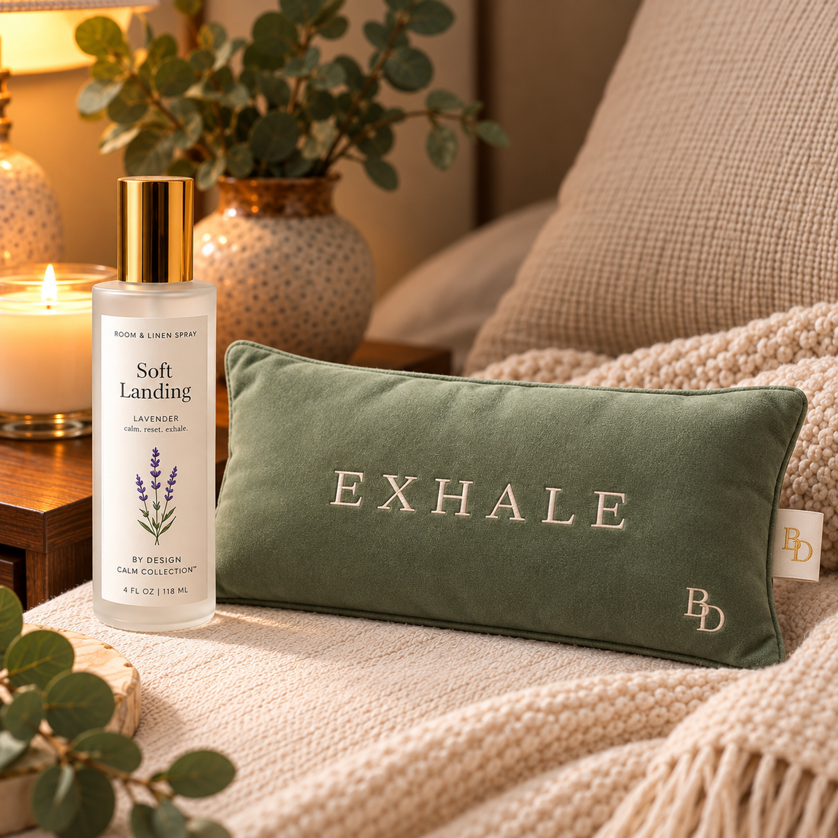 Soft Landing Lavender Room & Linen Spray beside the EXHALE Weighted Eye Pillow styled on soft neutral bedding.