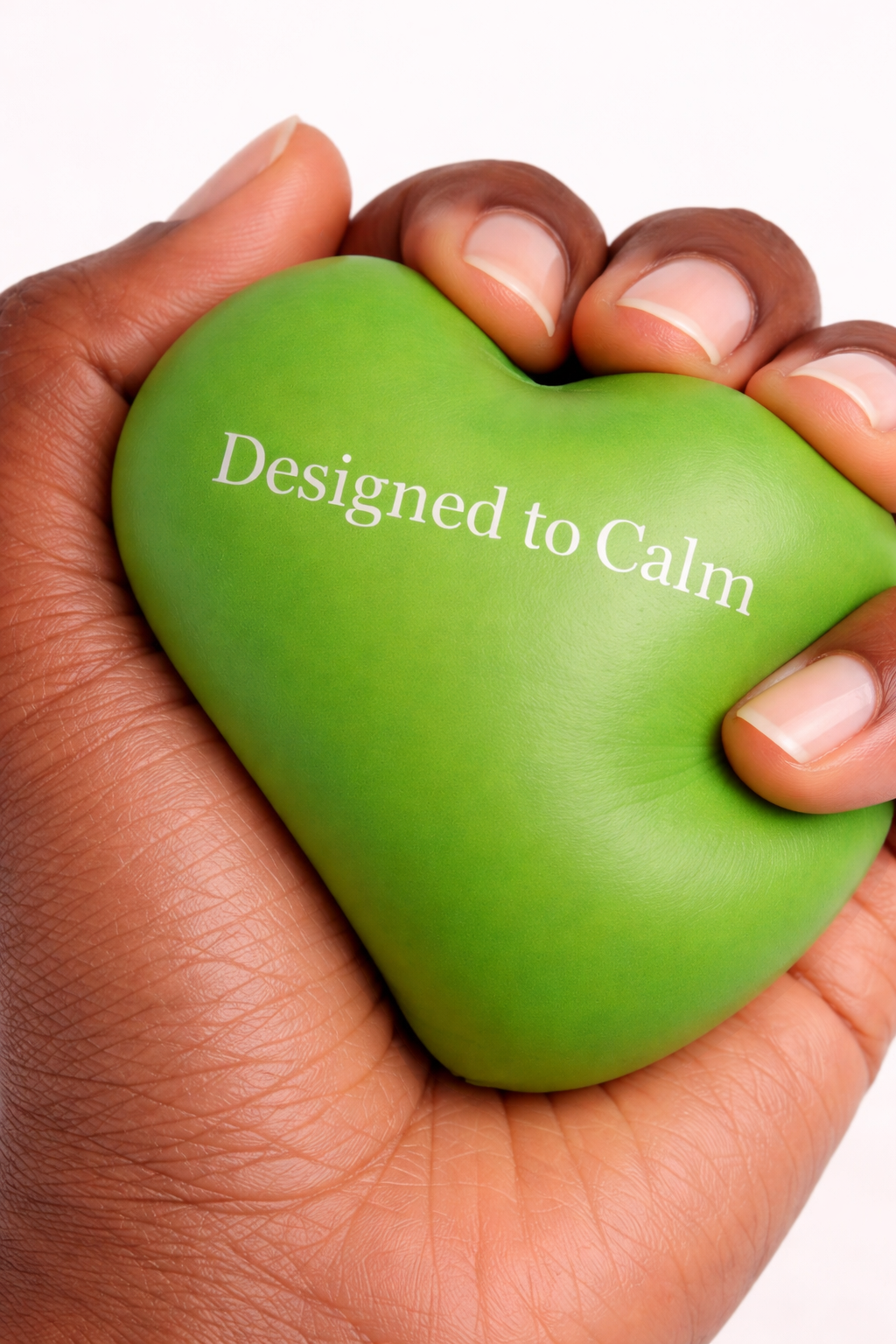 Green heart-shaped stress reliever with 'Designed to Calm' text held in a hand.