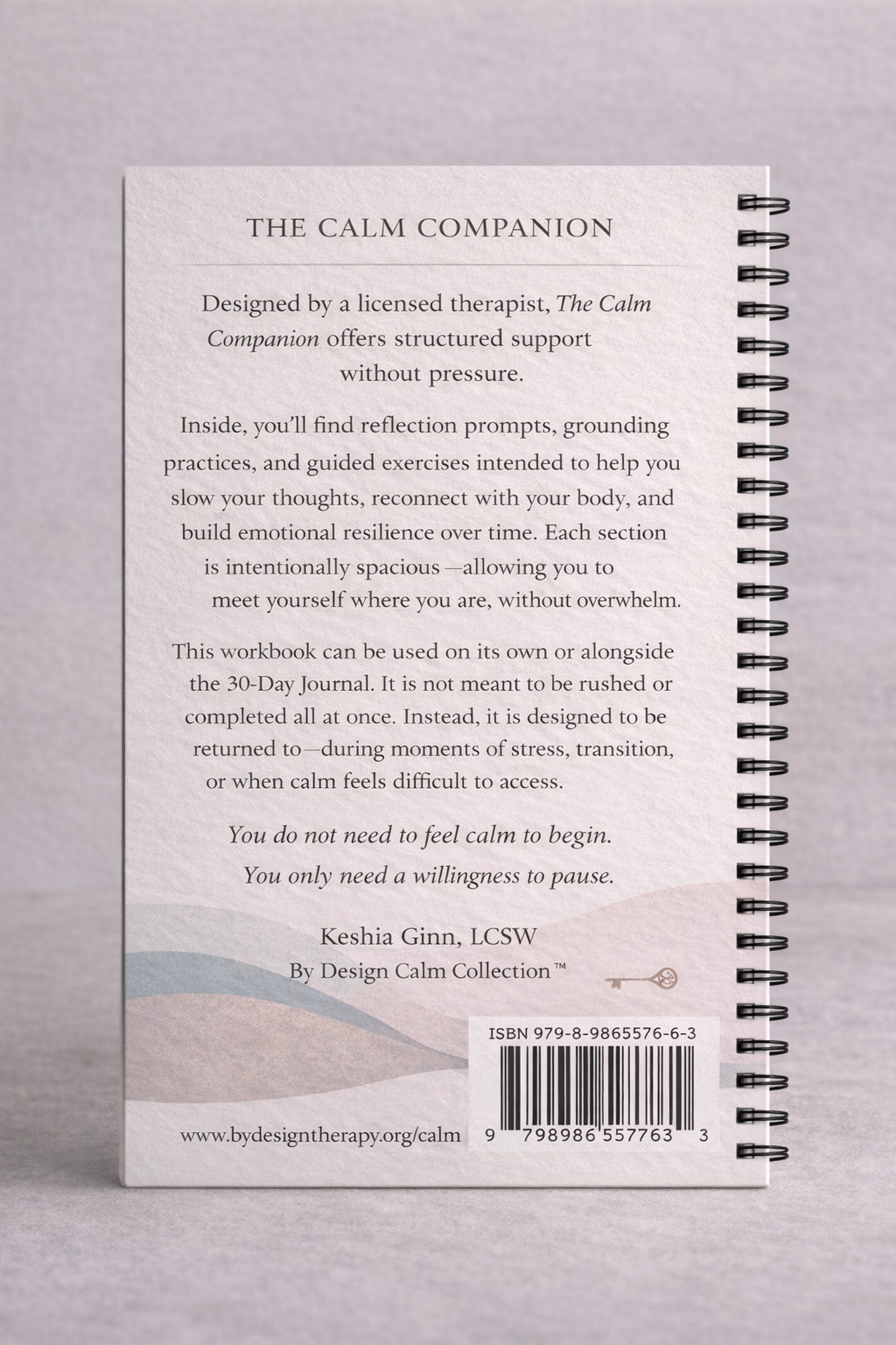 Back cover of 'The Calm Companion' workbook with text and design elements on a gray background