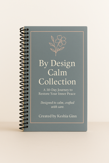 Spiral-bound notebook with 'By Design Calm Collection' on a beige background